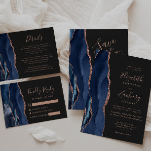 Moderne Navy-Blau-Achat-Roségold-Dunkle Hochzeit Einladung