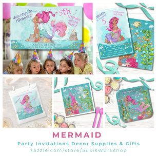Girl Brünett Pink Mermaid Birthday Party Einladung