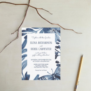 Dusty Blue Modern Floral Leaf Watercolor Wedding Einladung