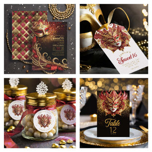 Masquerade Maske Motif Red Gold ID1031 Tischnummer