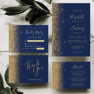 Gold Glitter Edge Navy Blue Wedding Thank You Karte