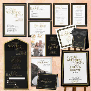 Verzierte Hochzeit in Schwarz-Gold All In One Einladung