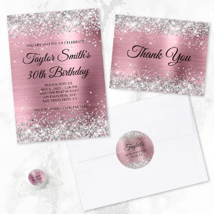 Silver Glitzer Light Pink Monogram 40. Geburtstag Einladung