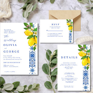 Elegante mediterrane Lemon und Blue Wedding RSVP Karte