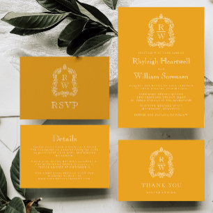Elegantes Monogram Wappen Marigold Yellow Wedding Dankeskarte