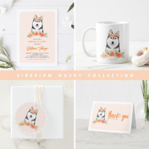 Niedliche sibirische Husky- und Peach-Blume Geburt Runder Aufkleber