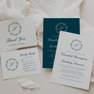 Aquamarin Blue Monogram Wreath Wedding Vielen Dank Karte