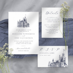 Elegante Schrift Burg Illustration Hochzeit RSVP Karte