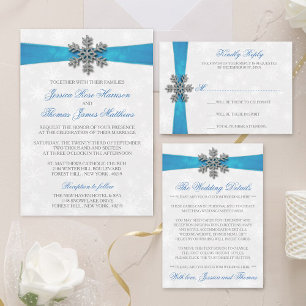 Diamante Snowflake & Blue Ribbon Winter Wedding Folieneinladung