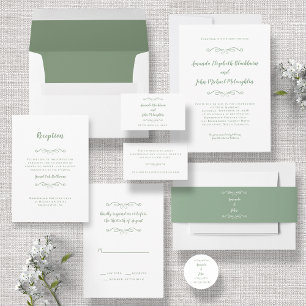 Elegant Script Classic Wedding Sage Green White In Einladung