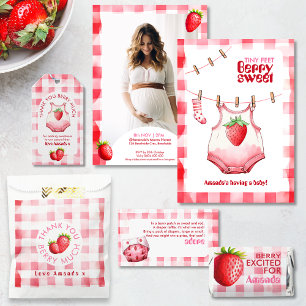 Sweet Strawberry Ankunft Gingham Baby Dusche Rosa Banner