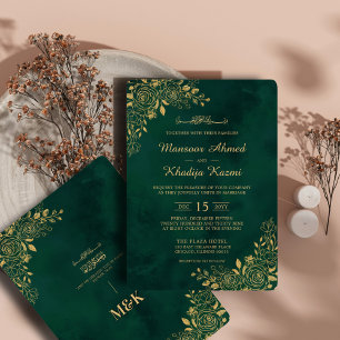 Emerald Green Gold Islamic Wedding Round Menu Card Einladung
