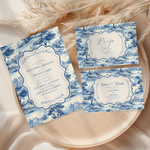 Blue Chinoiserie Porcelain Botanische Peony Weddin Einladung