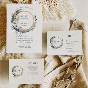 Boho Blue Moon Floral Wreath Wedding Einladung