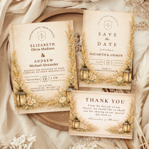 Vintage Laterne mit Wildblumen Hochzeit im Garten Einladung