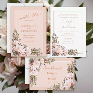 Peony Garden Rustic Peach White Wedge Einladung