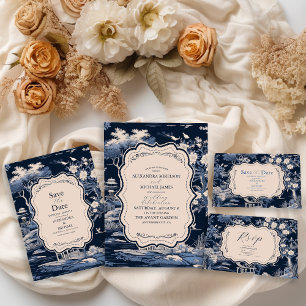 Elegant Blue Toile De Jouy Wedding Save The Date
