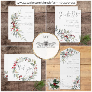 Rustikale Winter Holly Berries & Snow Wedding Save The Date