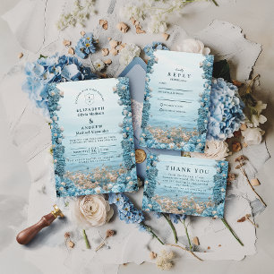 Pastellblaue Küstenblumen-Hochzeit RSVP Karte