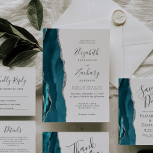 Moderne Aquamarine Silver Agate Wedding RSVP Card Karte