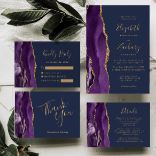Moderne Hochzeit in Lila, Gold und Achat in Marine Einladung