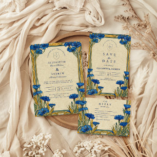 Art Nouveau Blue Cornflower Wedding RSVP Karte