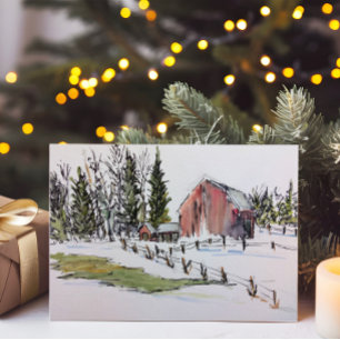 Winter Red Barn Watercolor Landschaft Feiertagskarte