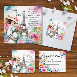 Bonjour Bebe Floral Eiffel Tower Paris Baby Dusche Quadratischer Aufkleber