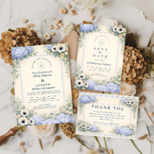 Elegante staubblaue Gartenhochzeit Einladung