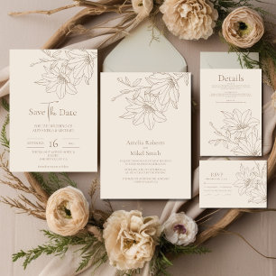 Elegante Moderne Beige Lineart Floral Wedding RSVP Karte