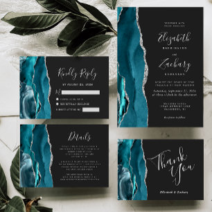 Aquamarin Agate Silver Dark Wedding Vielen Dank Karte