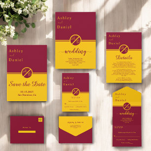 Elegante Luxus-Burgund und Gold Monogramm Hochzeit RSVP Karte