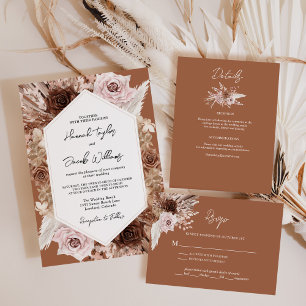Boho Terracotta Pampas Grass Floral Wedding Einladung
