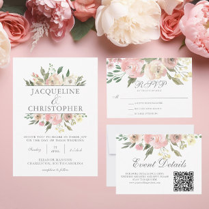 Elegante Blush Pink Elfenbeinblütenhochzeit RSVP Karte
