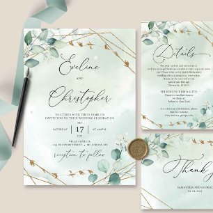 Green Foliage Eucalyptus Gold Frame Wedding Einladung
