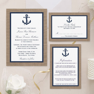 Die Hochzeitskollektion der Marine auf Burlap Beac All In One Einladung