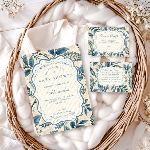 Blaue Vintage-Botanik-Baby-Party Einladung