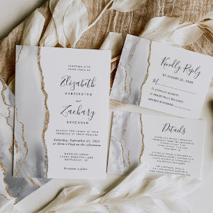 Modern Gray White Gold Agate Wedding RSVP Card