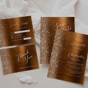 Burnt Orange Brushed Metal Glitzer Script Wedding RSVP Karte