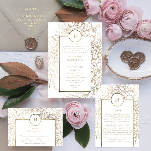 Premium Black Gold Monogram Wreath Wedding Einladung