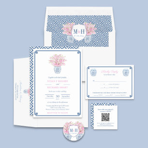 Chic Navy Blue und White Griechisch Key Wedding QR Begleitkarte