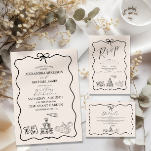 Black Wavy Whimsical Italian Doodle Wedding Menükarte