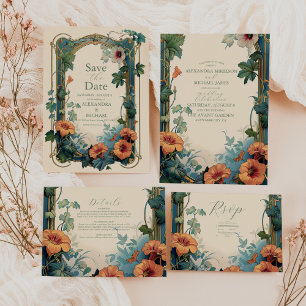 Olive & Orange Wedding Vintag Art Nouveau Floral RSVP Karte