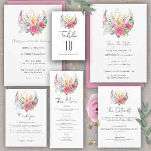 Boho Mond Kristalle Federn Rosa Blumen Hochzeit  Dankeskarte