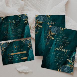 Elegante Teal Blau Gold Blumenhochzeit Einladung