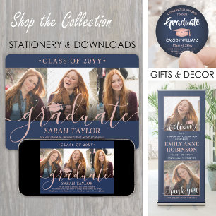 4 Foto Graduation Party Navy Blue & Pink Script Einladung