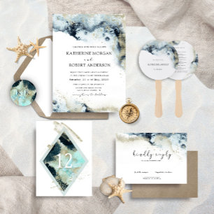 Watercolor Waves Tri-Fold Hochzeitseinladung Dreifach Gefaltete Einladung