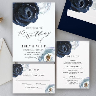 Chic Navy Blue Peony Floral Wedding RSVP Card