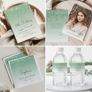 Elegante grüne Glitter-Drip-18.-Geburtstagsfeier Wasserflaschenetikett