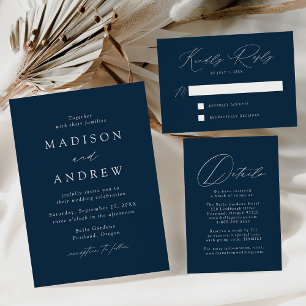 Moderne elegante Schrift Navy-Foto-Hochzeit All In One Einladung